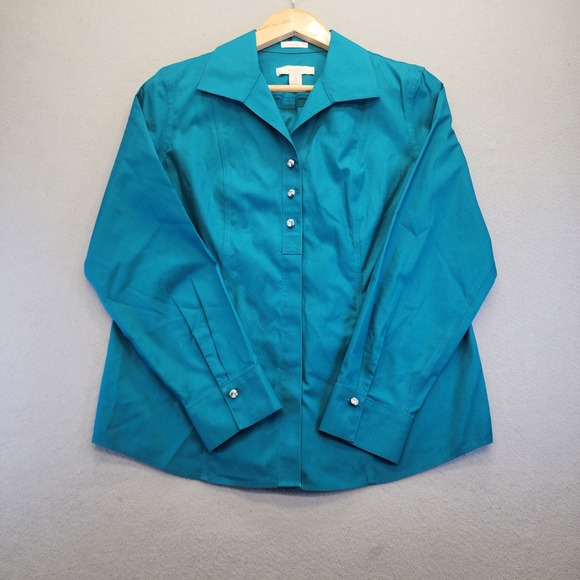 Chico's Tops - Chicos No Iron Teal Blue Button Down Shirt Rhinestone Crystal Buttons Size 1 M